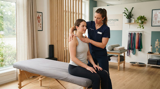 Kinesióloga profesional realizando una evaluación y tratamiento postural a paciente en camilla clínica luminosa de Padua