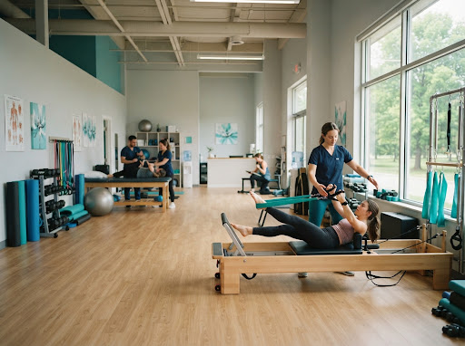Gimnasio amplio y luminoso de rehabilitación kinésica con reformer y elementos de entrenamiento en Padua