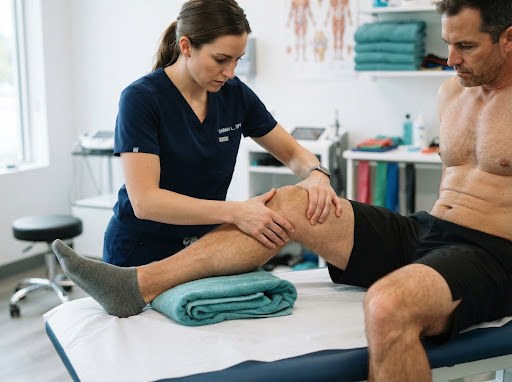 Kinesióloga efectuando maniobras de flexión y movilización de rodilla a paciente deportista en camilla